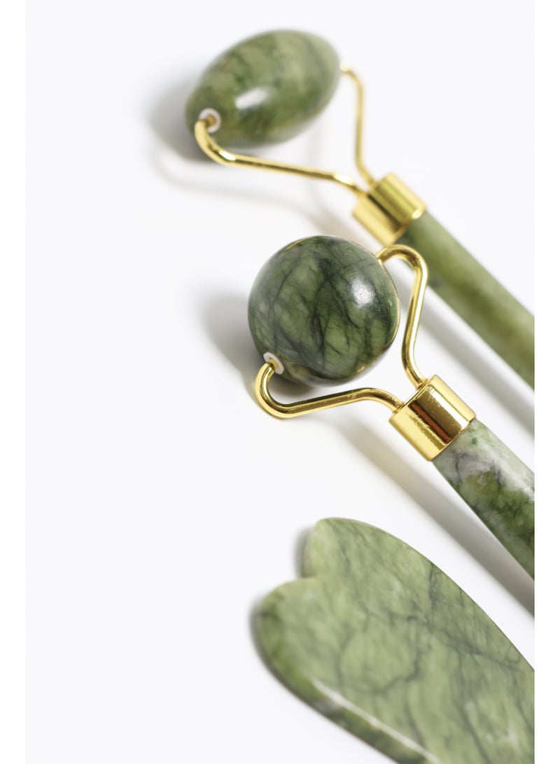 أداة الجواشا والأسطوانة اليشمية ثلاثية الوظائف - مجموعة عناية بالبشرة من حجر اليشم الطبيعي 100% لمقاومة الشيخوخة، تخفيف الانتفاخ والاحمرار مع خاصية مكافحة تجاعيد العين (الأخضر) - Image 2