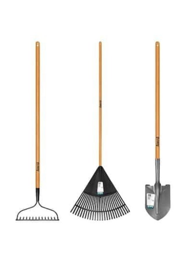 Garden Tools Set, 3-Piece Yard Maintenance Kit with Rake, Leaf Rake, Round Point Shovel, Wooden Handles - Image 1