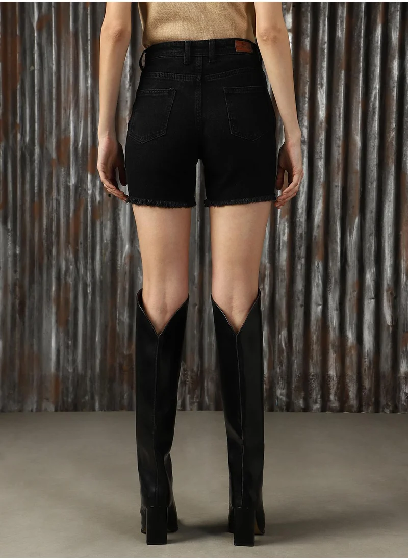 HIGH STAR Women's Black 100% Cotton Solid Cropped Shorts