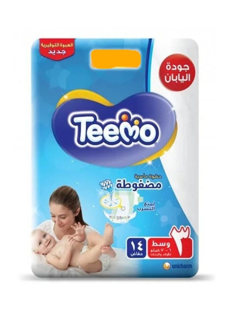 Teemo Baby Diapers, Size 3 Medium, 6-12 Kg, Saving Pack, 14 Diapers