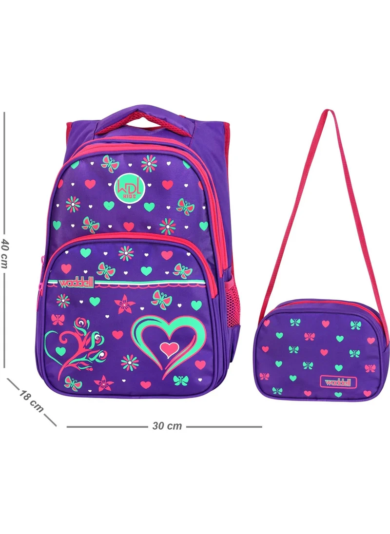 واديل Licensed Frequency Purple Heart Pattern Primary School Backpack and Lunch Box