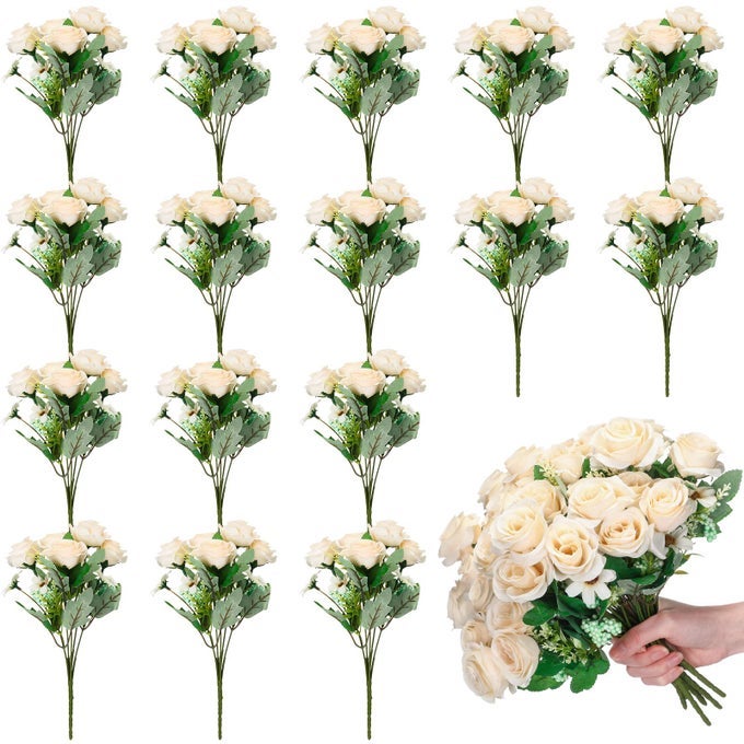 16 PACK FLOWER BRIDESMAID BOUQUETS FAKE ROSES ARTIFICIAL SILK FLOWERS BULK FOR BRIDESMAID BRIDAL WEDDING VASE FAUX ROSE BRIDAL ROSE BOUQUETS WEDDING PARTY DECORWHITE