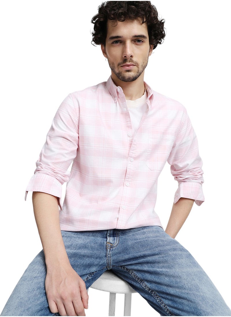 Slim Fit Pink 100% Cotton Checked Shirt for Men - Button Down Collar, Full Sleeves, Casual - pzsku/ZA25FFF8D1EFC9EEEA88BZ/45/_/1738750902/32dc4318-6f5a-4bb0-a1a9-7334c3b964e2