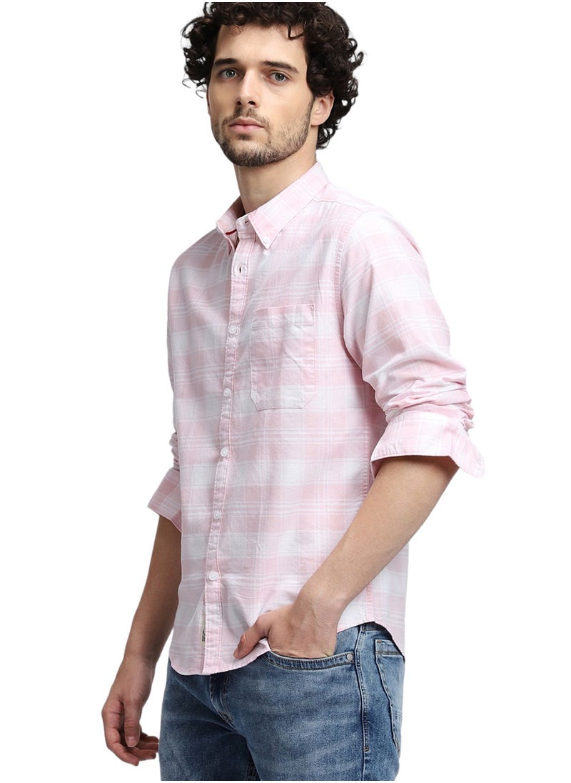 Slim Fit Pink 100% Cotton Checked Shirt for Men - Button Down Collar, Full Sleeves, Casual - pzsku/ZA25FFF8D1EFC9EEEA88BZ/45/_/1738750998/707f9fc6-2274-4018-ad46-2f9eaf79a6b1