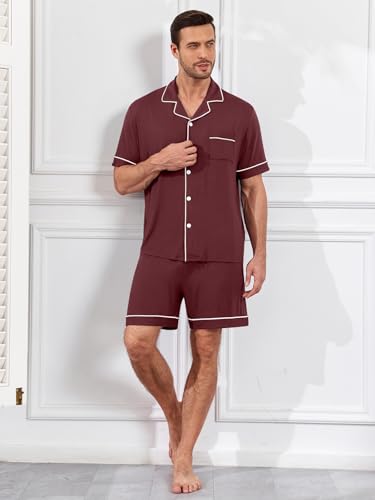 YOPUGEE Mens Pajamas Set Short Sleeve Sleepwear Summer Pjs Button Down Pijamas Set Modal 2PCS Pj Set, Brown-L - Image 5