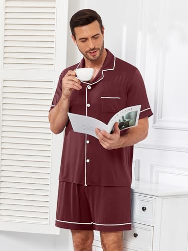 YOPUGEE Mens Pajamas Set Short Sleeve Sleepwear Summer Pjs Button Down Pijamas Set Modal 2PCS Pj Set, Brown-L - Image 3