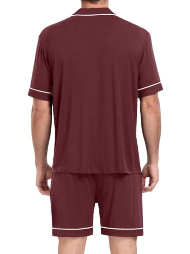 YOPUGEE Mens Pajamas Set Short Sleeve Sleepwear Summer Pjs Button Down Pijamas Set Modal 2PCS Pj Set, Brown-L - Image 2