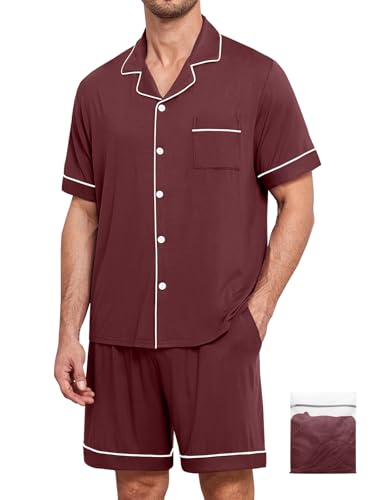 YOPUGEE Mens Pajamas Set Short Sleeve Sleepwear Summer Pjs Button Down Pijamas Set Modal 2PCS Pj Set, Brown-L - Image 1