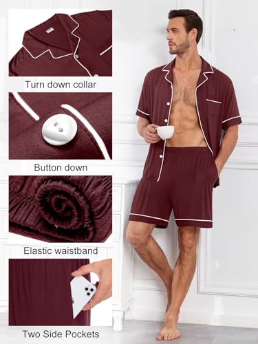 YOPUGEE Mens Pajamas Set Short Sleeve Sleepwear Summer Pjs Button Down Pijamas Set Modal 2PCS Pj Set, Brown-L - Image 4