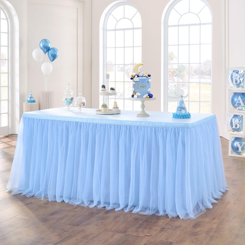 NSSONBEN 72in Baby Blue Tulle Table Skirts for Rectangle Tables 64ft 2Layer Gold Grim Ruffle Tulle Tutu Blue Cloth Table Skirt 6ft Decor Boy Birthday Party Baby Shower Cake Dessert TablesNo Table Cover