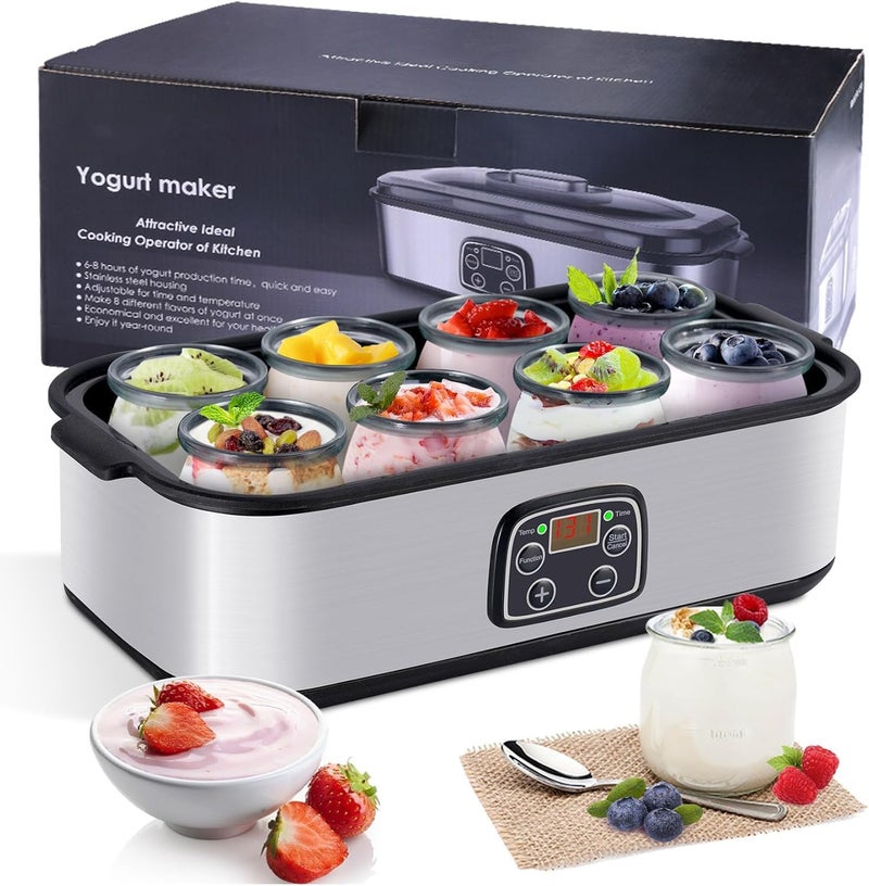 Ankila Yogurt Maker Automatic Digital Yoghurt Maker Machine with 8 Glass Jars 48 Ozs (6Oz Each Jar) LCD Display with Constant Temperature Control Stainless Steel Design for Home Use - Image 1