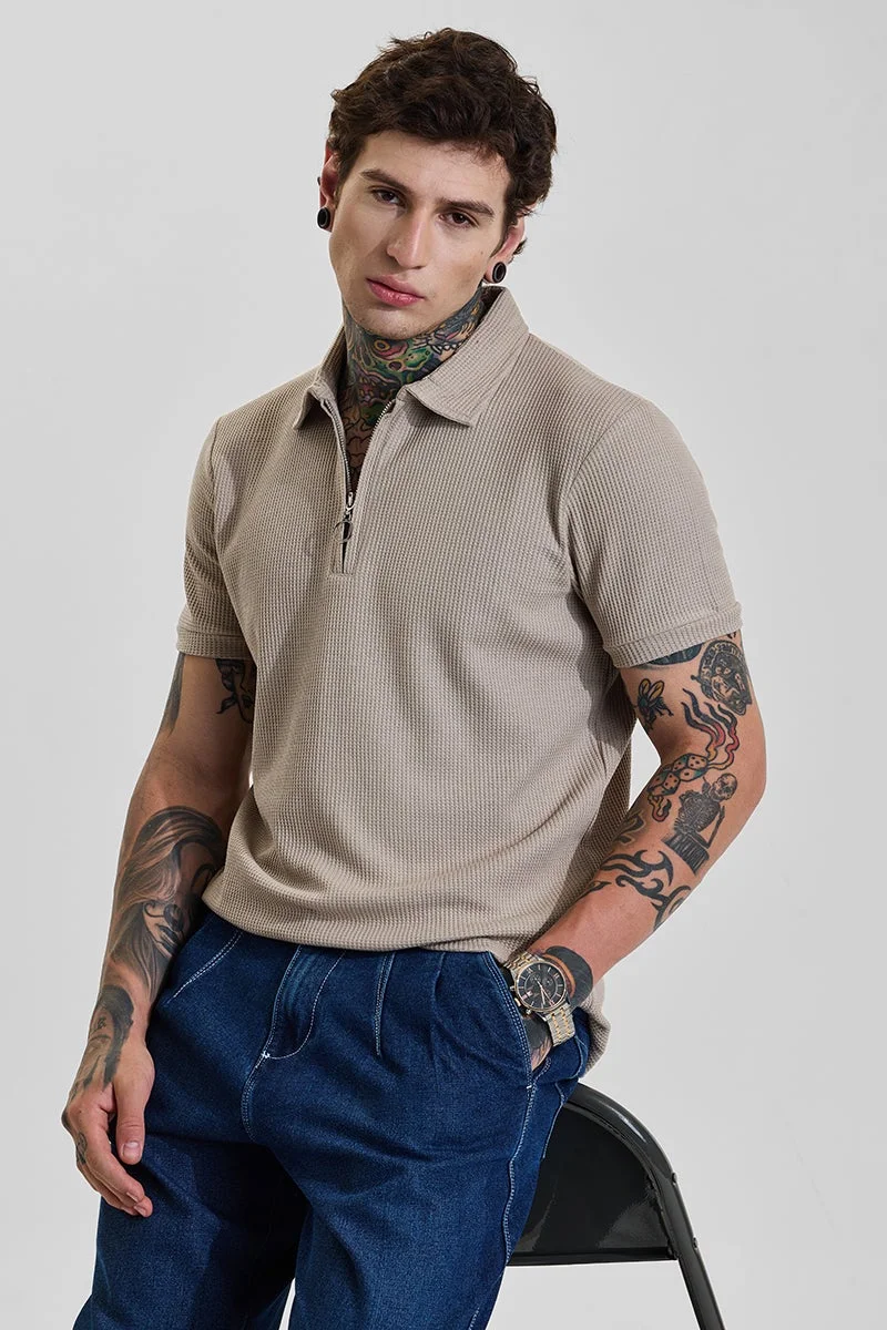 SNITCH Muted Beige Textured Slim Fit Zipper Polo