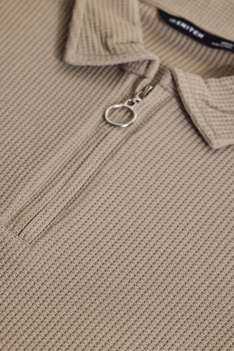 SNITCH Muted Beige Textured Slim Fit Zipper Polo