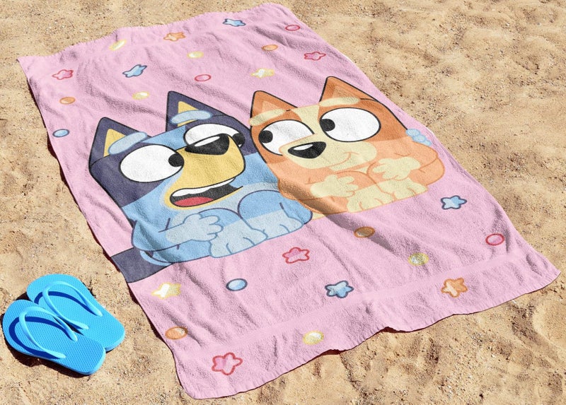 Jay Franco Bluey & Bingo Beach Towel - Pink Kids Super Soft & Absorbent 100% Cotton Towel for Bath and Pool, Measures 28 x 59 - Image 3
