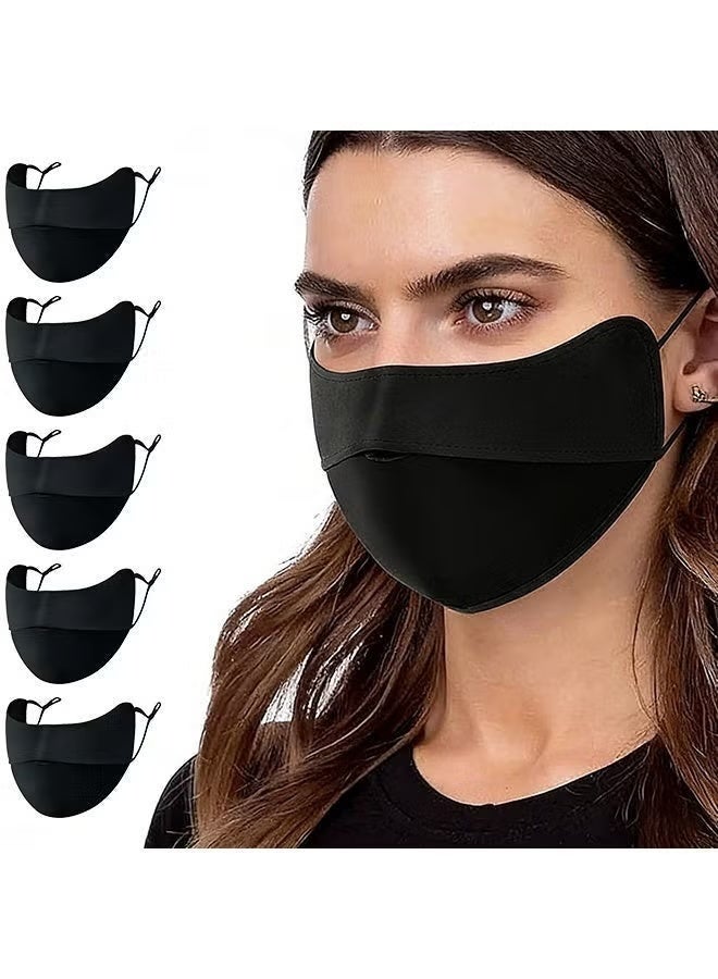 moon-life1 5 PCS Reusable Cotton Dust & Sun Protection Face Covers for Men & Women, M size, made of cotton fabric with curved nose design for perfect fit. Two adjustable elastic loops for comfortable wearing without ear pressure. Black color, dust-proof, UV protection, washable & durable, ideal for daily commute and outdoor activities. - Image 1