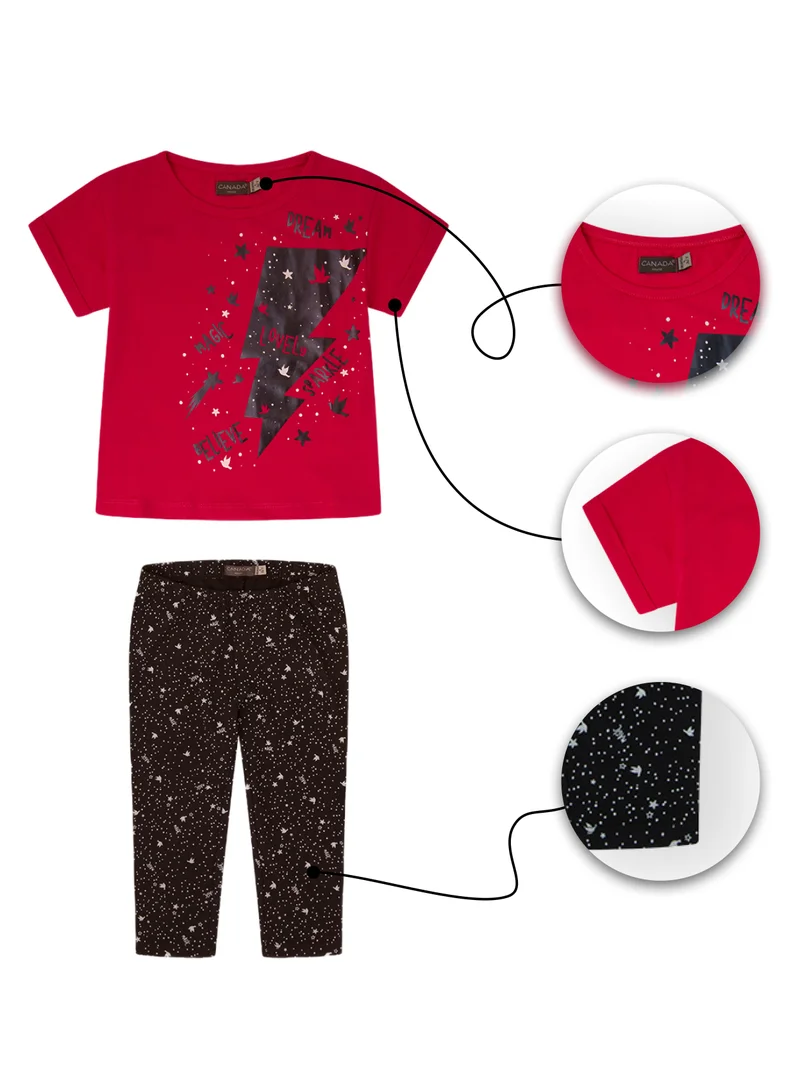 CANADA HOUSE Soft and Comfortable Red and Black Cotton Summer T-shirt and Leggings Set for Girls