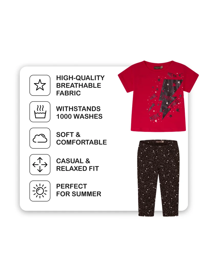 CANADA HOUSE Soft and Comfortable Red and Black Cotton Summer T-shirt and Leggings Set for Girls
