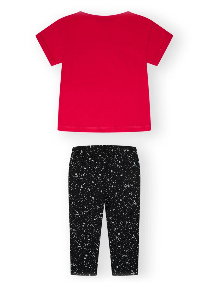 CANADA HOUSE Soft and Comfortable Red and Black Cotton Summer T-shirt and Leggings Set for Girls