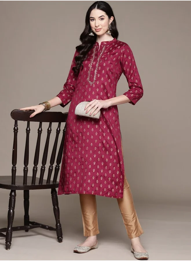 آي شين Women Floral Printed Mirror Work Straight Kurta