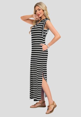 AUSELILY Sundresses for Women Wrinkle Free Casual Travel V Neck Split Sleeveless Loose Long Maxi Dress with Pockets 2026 Black White Stripes M - Image 4