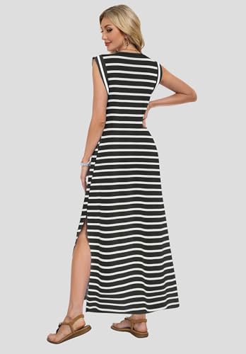 AUSELILY Sundresses for Women Wrinkle Free Casual Travel V Neck Split Sleeveless Loose Long Maxi Dress with Pockets 2026 Black White Stripes M - Image 5