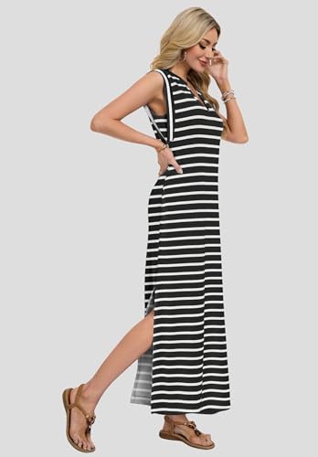 AUSELILY Sundresses for Women Wrinkle Free Casual Travel V Neck Split Sleeveless Loose Long Maxi Dress with Pockets 2026 Black White Stripes M - Image 3