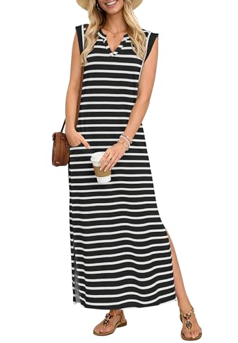 AUSELILY Sundresses for Women Wrinkle Free Casual Travel V Neck Split Sleeveless Loose Long Maxi Dress with Pockets 2026 Black White Stripes M - Image 1
