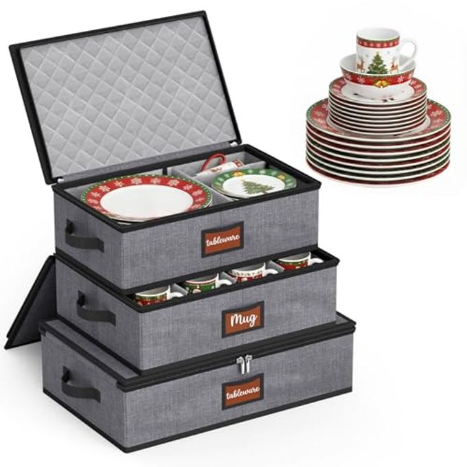 MISSLO Large Capacity China Storage Containers Hard Shell Plate Storage Containers, Kitchen Packing Moving Boxes for Dishes, Dinnerwares, Mugs Protectors, Grey, 3 Piece Set