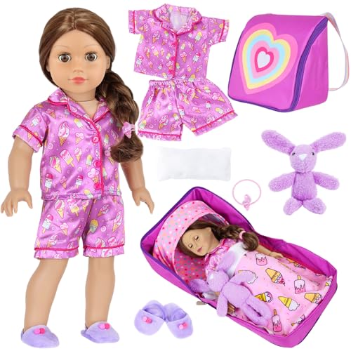 Ecore Fun 18 Inch Doll Clothes and Accessories Bedding Accessories 8pcs MultiFunctional Sling BagUnfold Into A Bed Pajamas Slippers Pillow Blanket Toy Rabbit Hairband - Image 1