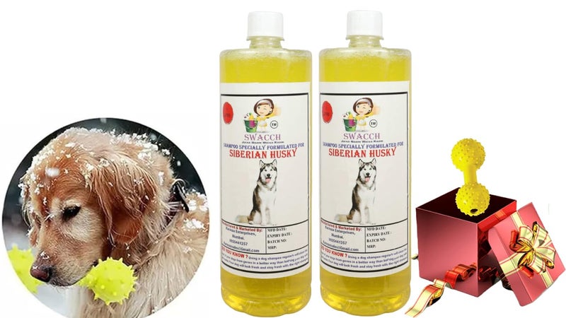 swacch Siberian Husky Dog Shampoo + Dumbbell Toy I Durable Rubber Dog Toy for Chewing I Playing,Teeth Cleaning & Training Toy I Combo Pack I 1 Litre Pack of 2 Lemon - Image 1