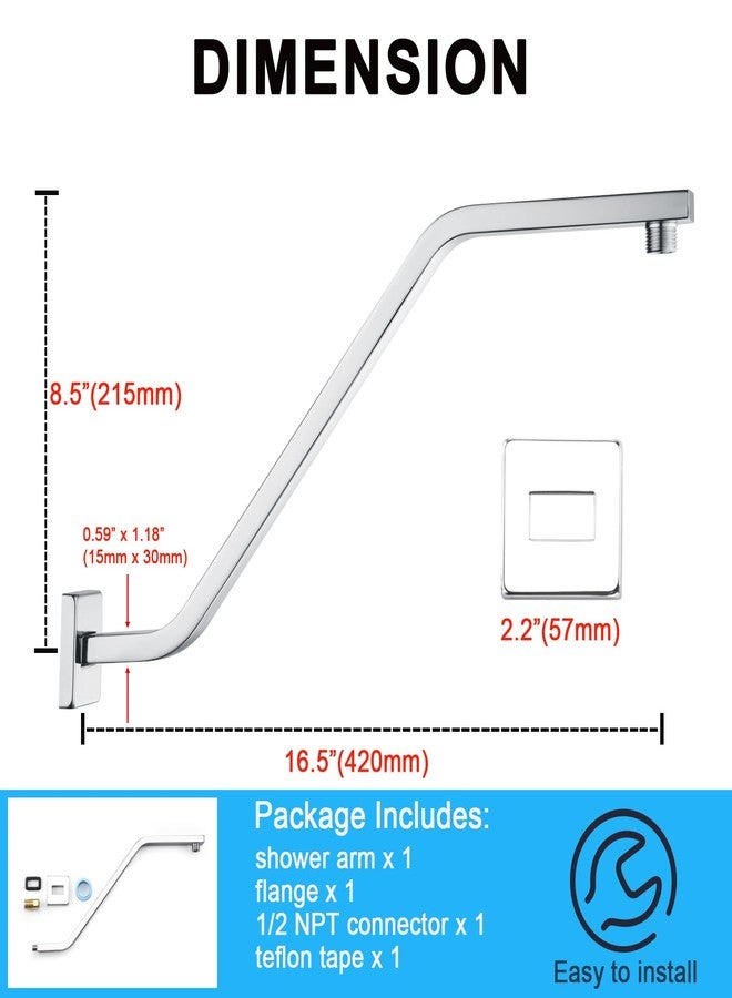Uvish Square Shower Head Extension Arm with Flange 16.5 Inch Extra Long S Shaped Shower Head Riser Pipe, Uvish Stainless Steel High Rise Goose Neck Shower Extender, Standard 1/2" Connection, Chrome - Image 3
