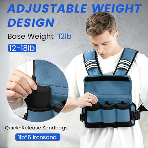 KUKZO Adjustable Weighted Vest Woman Men, 6-12lb Weight Vest with 6 Ironsand Weights for Strength Training Rucking Running Walking Fitness Workout, Blue - Image 4