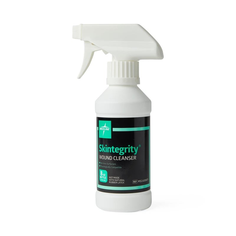 Medline Skintegrity Wound Cleanser, 8 ounce Spray Bottle, for wound cleaning, debridement, removing protein, pressure injuries, infected wounds, spray can be adjusted from mist to stream