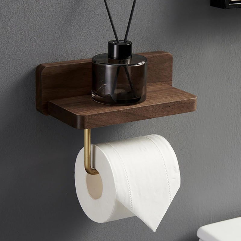 Solid Wood Toilet Paper Holder Wall-Mounted Roll Paper Rack Brass Finish, Bathroom Tissue Dispenser Suitable for Kitchen and Toilet, Single Roll Black Walnut Wood - Image 5