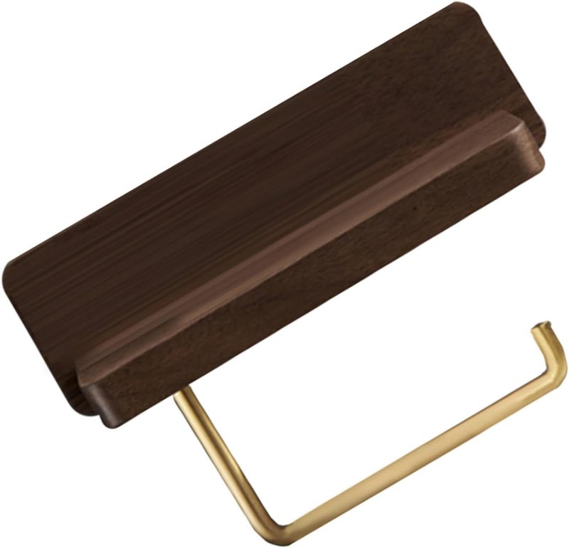 Solid Wood Toilet Paper Holder Wall-Mounted Roll Paper Rack Brass Finish, Bathroom Tissue Dispenser Suitable for Kitchen and Toilet, Single Roll Black Walnut Wood - Image 1