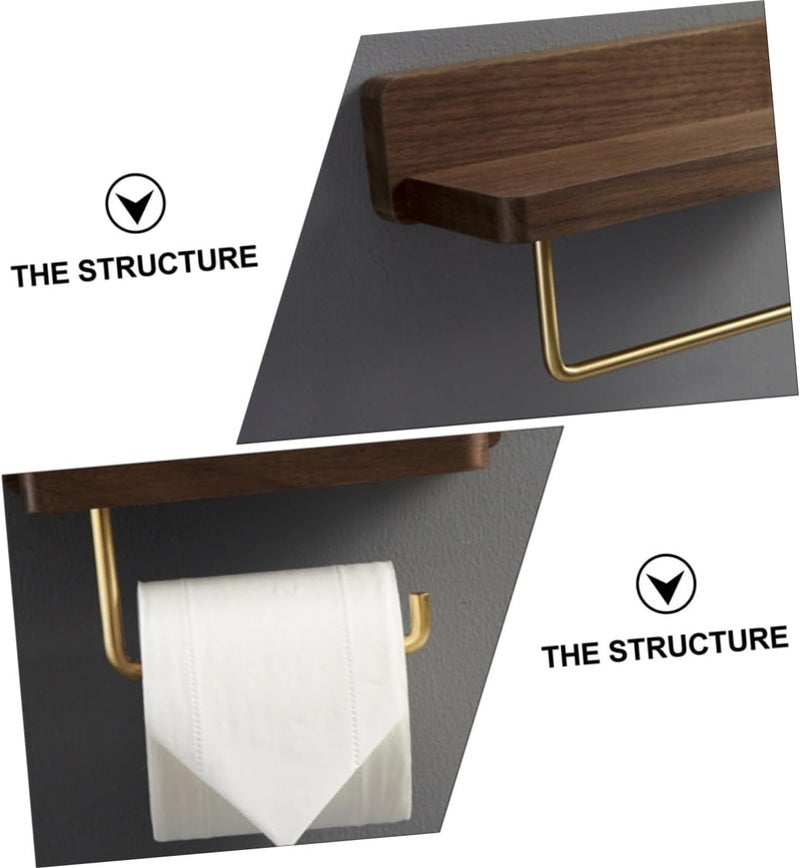 Solid Wood Toilet Paper Holder Wall-Mounted Roll Paper Rack Brass Finish, Bathroom Tissue Dispenser Suitable for Kitchen and Toilet, Single Roll Black Walnut Wood - Image 3