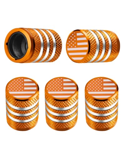 DECURCAR Tire Valve Stem Caps 5 Pack Tire Air Caps Metal with Plastic Liner Corrosion Resistant LeakProof American Flag for Car Truck Motorcycle Bike Orange - Image 1