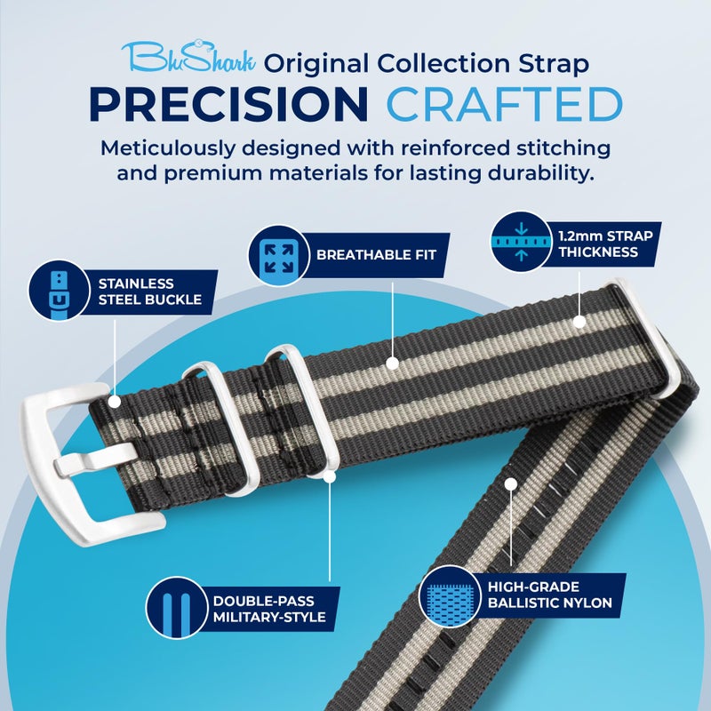BluShark - Original Collection Military-Style Waterproof Watch Strap, Fits All Timepiece Brands, Durable Nylon Wristwatch Accessories with Stainless Steel Buckle, Bond, 22mm - Image 3