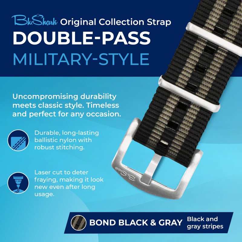 BluShark - Original Collection Military-Style Waterproof Watch Strap, Fits All Timepiece Brands, Durable Nylon Wristwatch Accessories with Stainless Steel Buckle, Bond, 22mm - Image 2