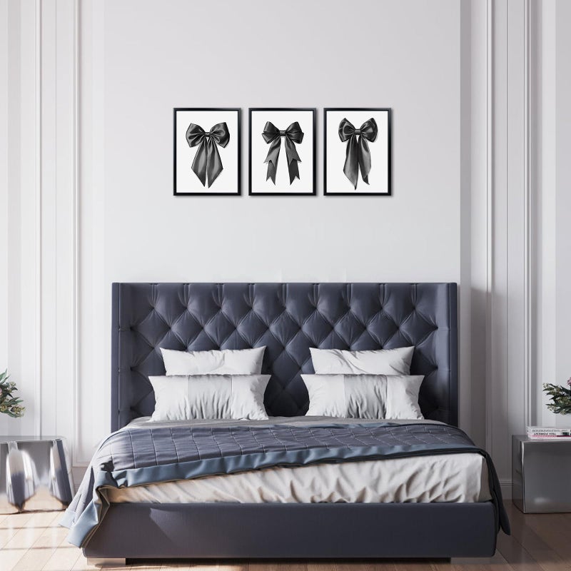 WELMECO Bow Wall Decor Bow Picture Canvas Wall Art Girls Bedroom Bathroom Decor, Arwork with Black Frame, 12x16inchx3 Pieces (Black) - Image 3