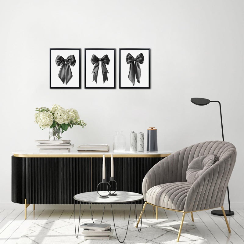 WELMECO Bow Wall Decor Bow Picture Canvas Wall Art Girls Bedroom Bathroom Decor, Arwork with Black Frame, 12x16inchx3 Pieces (Black) - Image 2