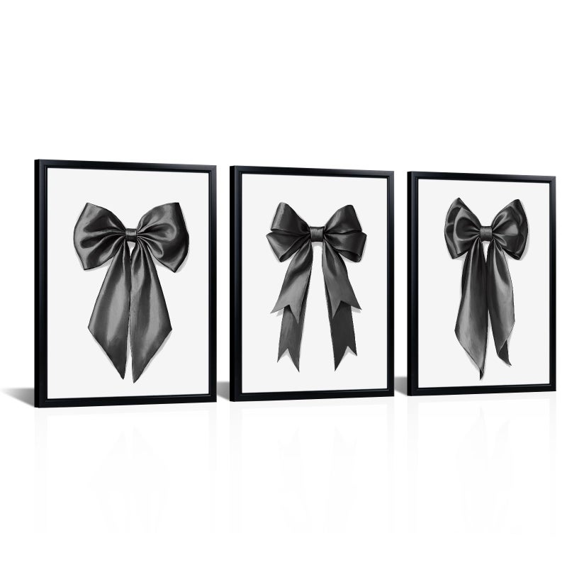 WELMECO Bow Wall Decor Bow Picture Canvas Wall Art Girls Bedroom Bathroom Decor, Arwork with Black Frame, 12x16inchx3 Pieces (Black) - Image 1