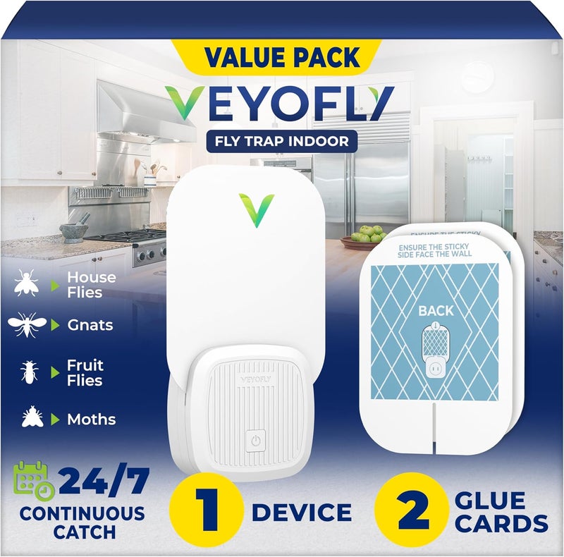 VEYOFLY, Flying Insect Trap, Insect Catcher, Indoor Fly Trap, Safer Home, Fruit Fly Traps for Gnat, Moth, Mosquito, Bug Light Plug in Insect Killer (1 Device + 3 Glue Cards) - Image 1