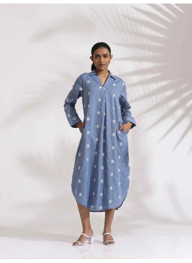 ترو برونز trueBrowns Blue Cotton Floral Embroidered Dress