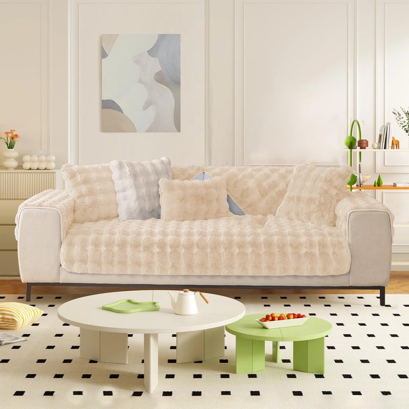 LINGKY Thick Rabbit Plush Sofa Cover - Beige - Image 2