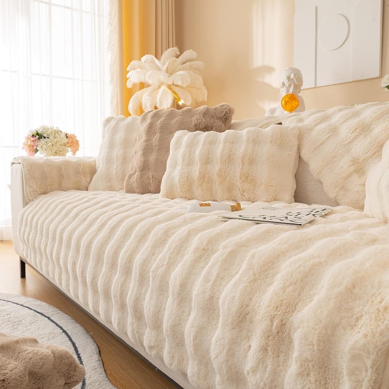 LINGKY Thick Rabbit Plush Sofa Cover - Beige - Image 1