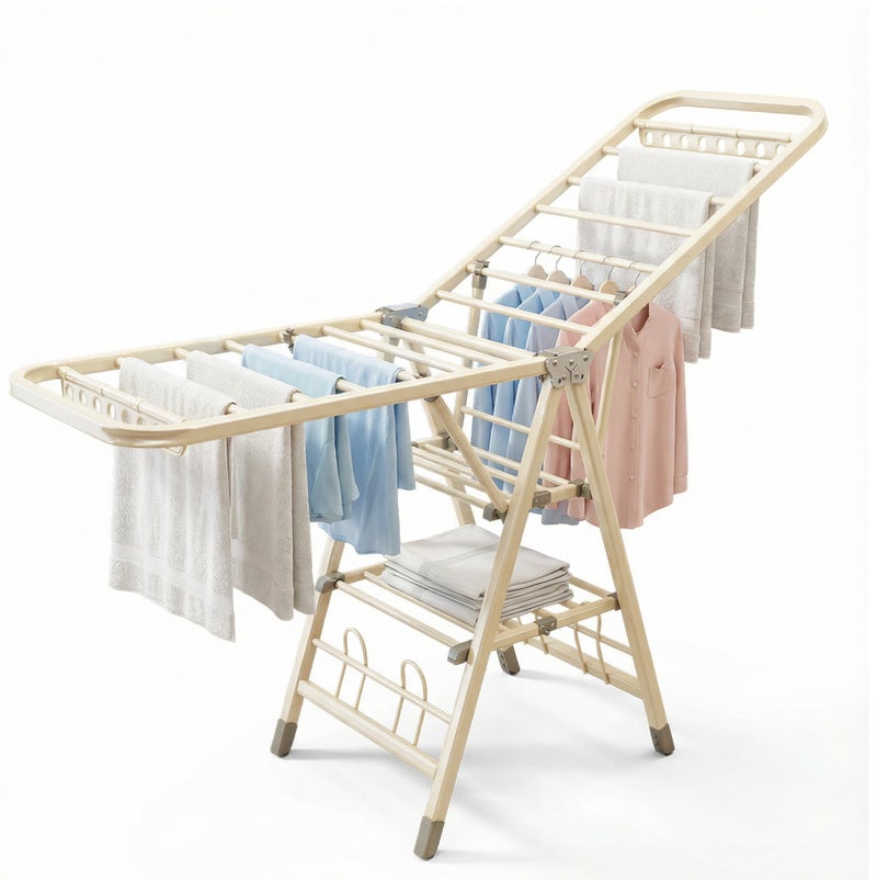 Folding Clothes Drying Rack 1.8M, 3-Tier Adjustable Height Laundry Drying Stand with Middle Storage Shelf, Shoe Drying Rack & Windproof Hanger Holes, Heavy-Duty Carbon Steel, Cream White - Image 1