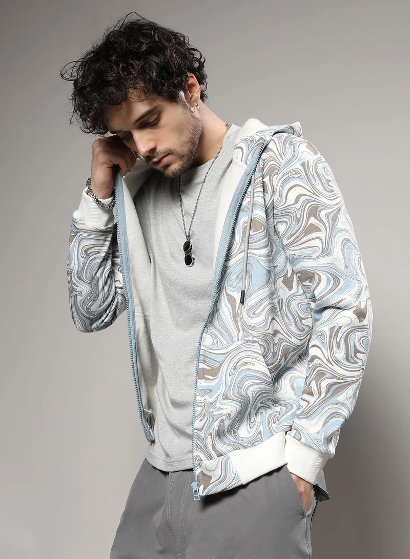 Campus Sutra Men's Icy Blue & Olive Green Contrast Fluid Zip Front Hoodie