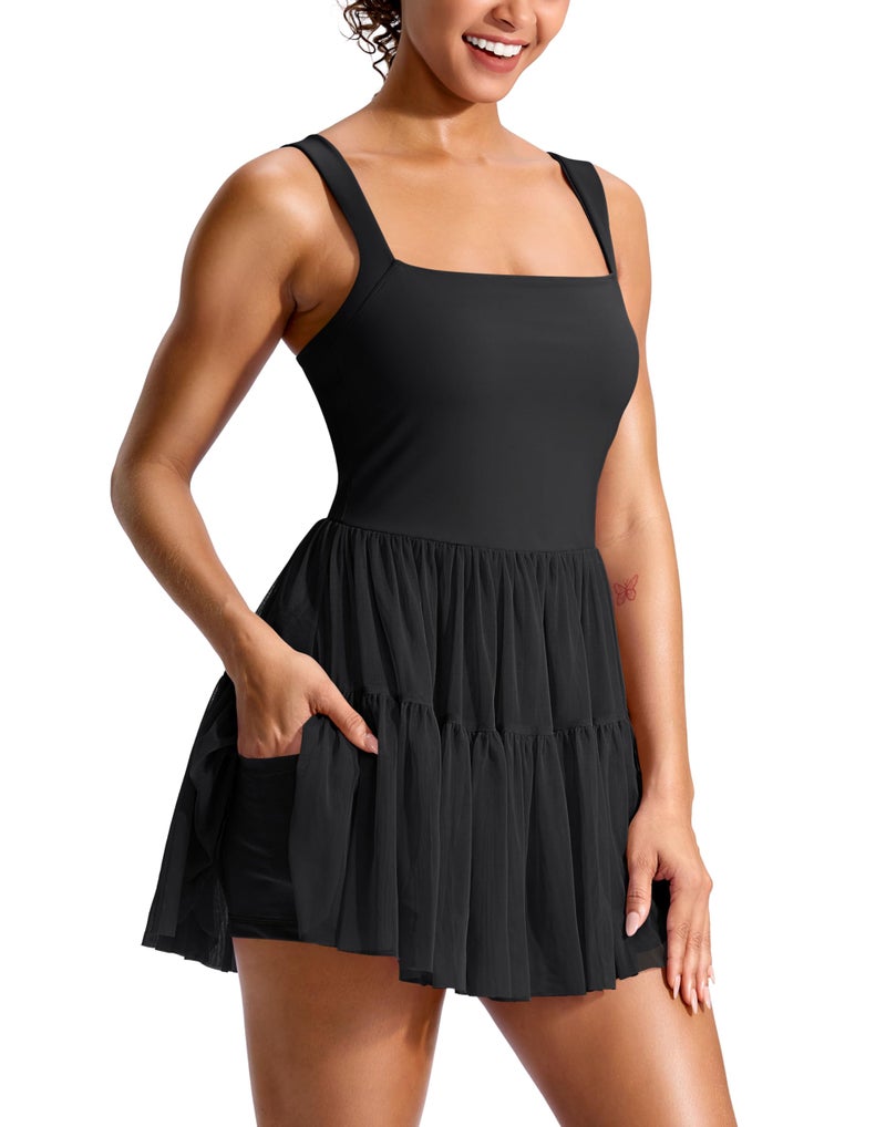 Soothfeel Tennis Dresses for Women Athletic Dress with Built in Shorts & Bra Flowy Golf Workout Dresses with Pockets Summer Black, Medium - Image 1