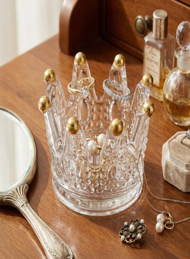 EazziSwitch Crown Clear Crystal Ring Holder: Small Gold Accented Royal Vintage Jewelry Dish & Vanity Organizer - Trinket Tray for Rings, Earrings & Necklaces - Engagement Wedding Bridal Shower Gift for Women - Image 1